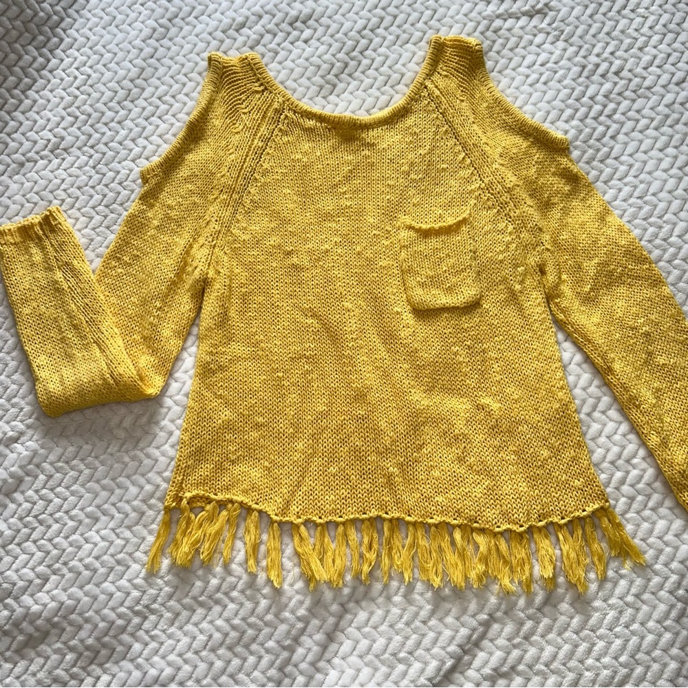 Yellow Off-the-Shoulder Sweater with Bohemian Fringe